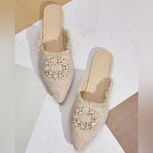 Raw Trim Faux Pearl Decor Flat Mules
